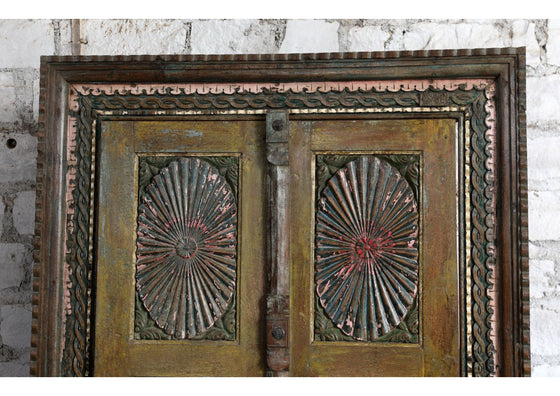 Antique Indian Door Chakra Carved Ochre Patina Exterior Teak Double Doors 85