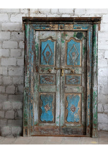  Antique Indian Door with Frame Vintage Blue Teak Exterior Doors 85