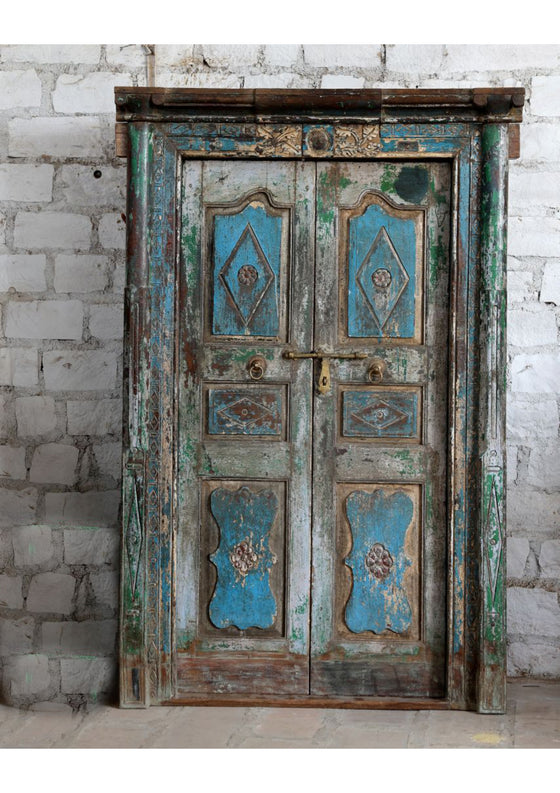 Antique Indian Door with Frame Vintage Blue Teak Exterior Doors 85