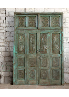  Antique Carved Door Green Patina Sunrays Carved Teak Double Doors 98x69