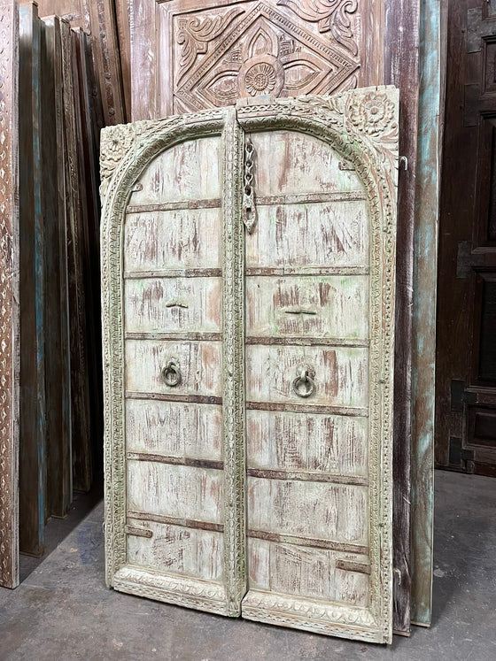 Antique Indian Jharokha Whitewashed Carved Window Door Shutter Wall Decor