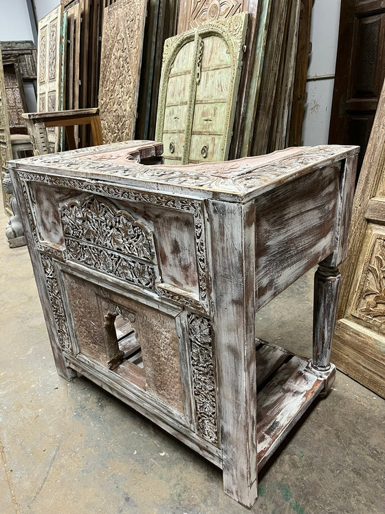 Handcrafted Wooden Rustic Bar Console Table Arch Stone Carved Whitewash Table