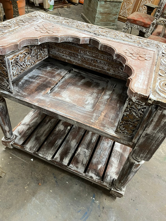 Handcrafted Wooden Rustic Bar Console Table Arch Stone Carved Whitewash Table