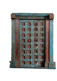  Antique Indian Door Rustic Blue Teak Carved Vintage Garden Door with Frame