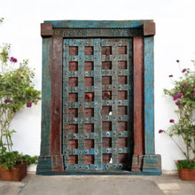  Antique Indian Door Rustic Blue Teak Carved Vintage Garden Door with Frame 84