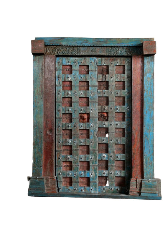 Antique Indian Door Rustic Blue Teak Carved Vintage Garden Door with Frame