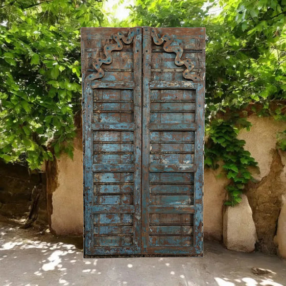 Antique Indian Door Distressed Farmhouse Blue Hand Carved Garden Doors 81