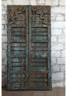  Distressed Blue Antique Indian Door Carved Double Door Spanish Doors 81