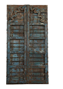  Distressed Blue Antique Indian Door Carved Double Door Spanish Doors