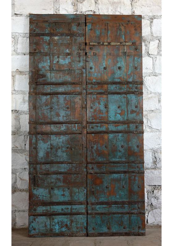 Distressed Blue Antique Indian Door Carved Double Door Spanish Doors 81