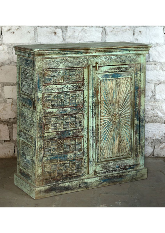 Vintage Sideboard Sunrays Carved Green Distressed Wood Credenza With Drawer 45