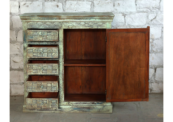 Vintage Sideboard Sunrays Carved Green Distressed Wood Credenza With Drawer 45