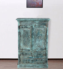  Vintage Blue Cabinet Floral Carved Entryway Accent Table 49