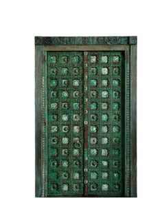  Antique Indian Door Green Brass Patina Carved Architecture Double Doors 85