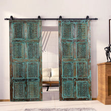  Vintage Blue Carved Wood Double Doors Sliding Barndoor Entry Doors 96x36