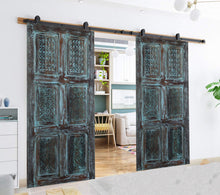  Rustic Vintage Distressed Blue Double Sliding Barn Door with Carved Wood Accents 80x36