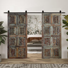  Vintage Carved Wood Door Blue Hues Floral Statement Sliding Barndoor 80x36