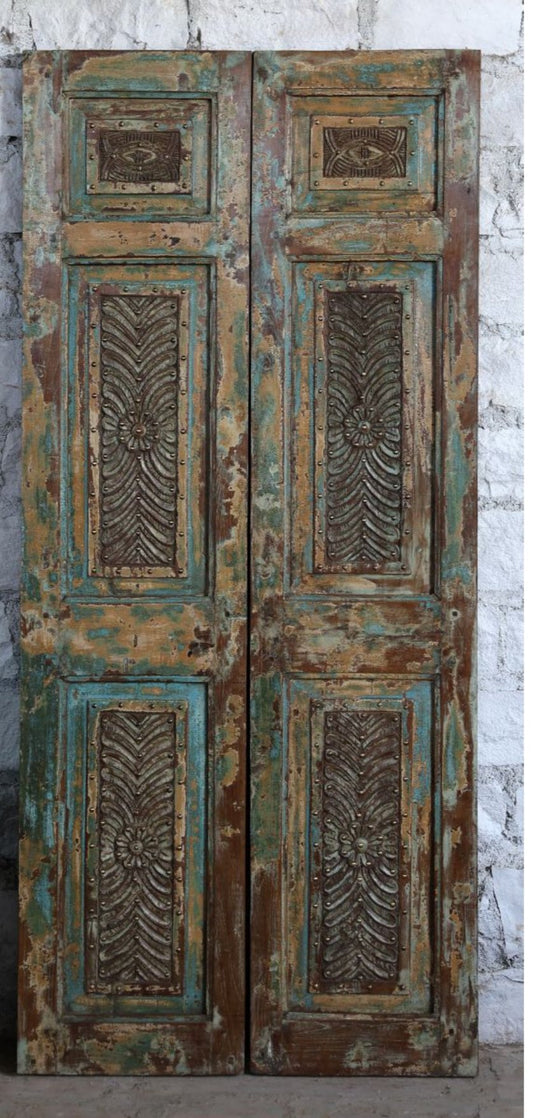 Vintage Double Doors Blue Hues Floral Carved Sliding Barn Door 80x36