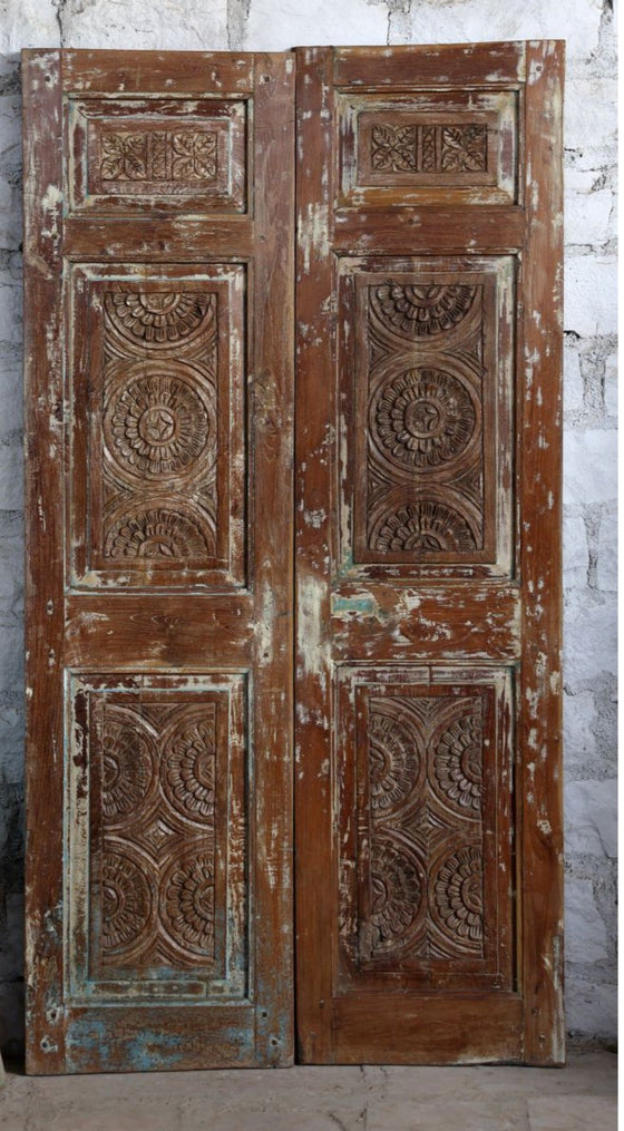 Pair Vintage Carved Wood Door Floral Brass Studs Statement Sliding Barndoor 81x42