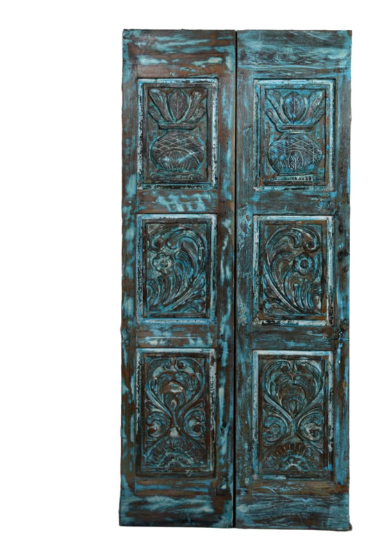 Pair Antique Carved Wood Door Blue Interior Teak Door Panel French Doors 80x35