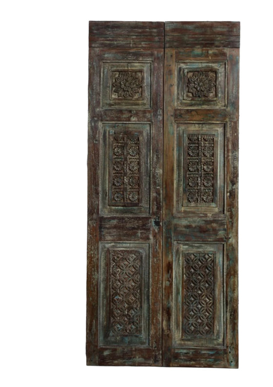 Antique Carved Door Blue Hues Wood Double Doors Floral Carved Sliding Barn Door 80x36