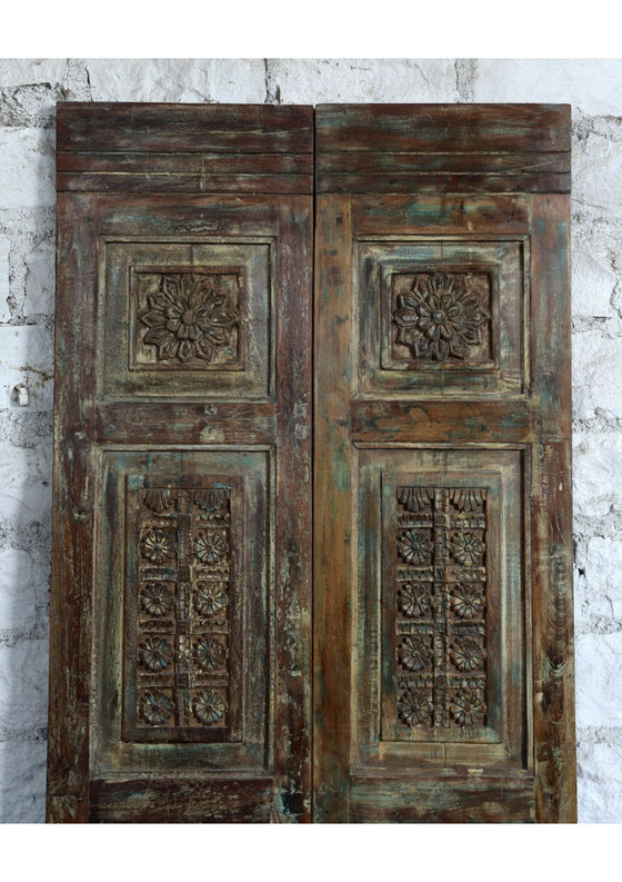 Antique Carved Door Blue Hues Wood Double Doors Floral Carved Sliding Barn Door 80x36