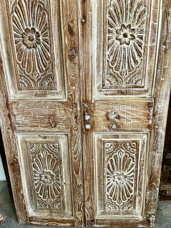 Antique Carved Wood Door Whitewash Double Door Panel French Style Sliding Door 80