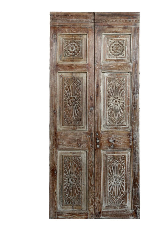 Antique Carved Wood Door Whitewash Double Door Panel French Style Sliding Door 80