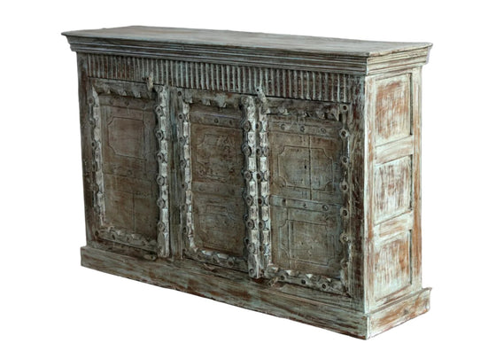 Antique Carved Storage Sideboard Chest Distressed Blue Wood Credenza 65x36