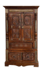 Antique Armoire Earthy Brown Patina Sunrays Carved Accent Cabinet 65x38