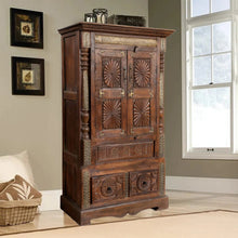  Antique Armoire Earthy Brown Patina Sunrays Carved Accent Cabinet 65x38