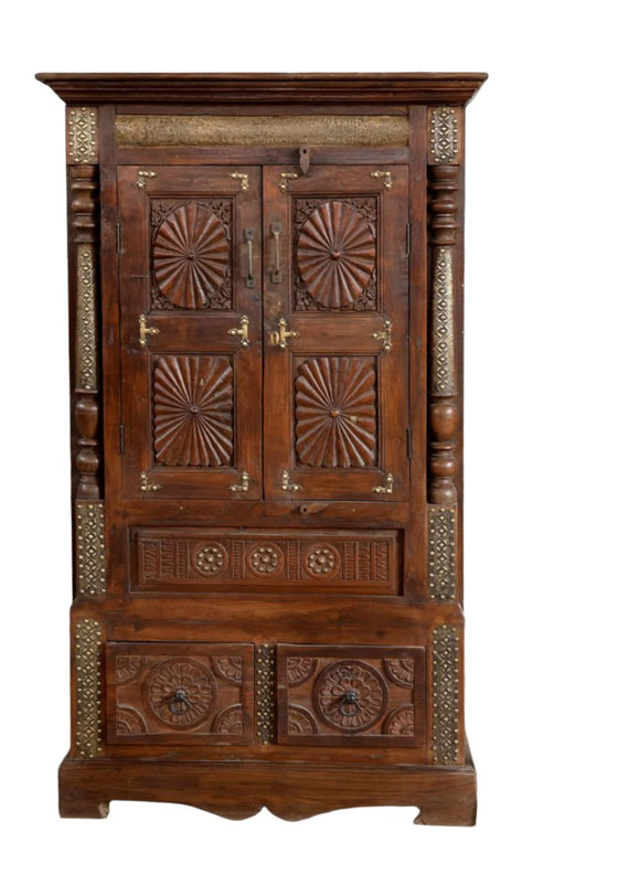 Antique Armoire Earthy Brown Patina Sunrays Carved Accent Cabinet 65x38