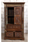 Antique Armoire Earthy Brown Patina Sunrays Carved Accent Cabinet 65x38