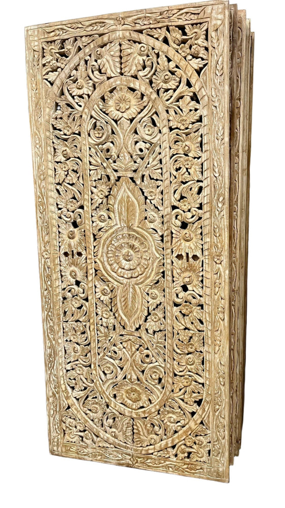 Floral Lattice Carved Door Panel Vintage Sandwash Sliding Room Divider 80