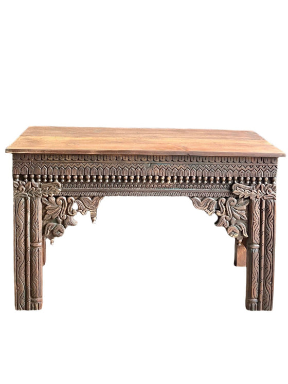 Ornate Carved Console Table TV Stand Vintage Washed Wood Entryway Table