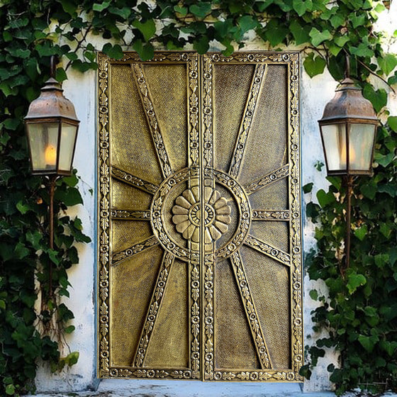 Vintage Brass Cladded Door Panel with Floral Carving Double Doors 80