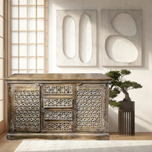  Sandwashed Carved Sideboard Buffet Storage Cabinet Lattice Carved Bar Credenza