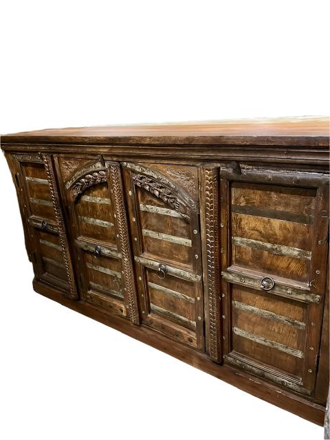 Antique Carved Sideboard Rustic Iron Strap Farmhouse Bar Credenza