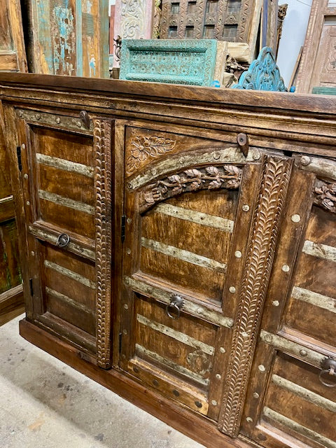 Antique Carved Sideboard Rustic Iron Strap Farmhouse Bar Credenza