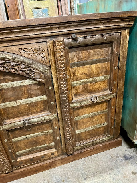 Antique Carved Sideboard Rustic Iron Strap Farmhouse Bar Credenza