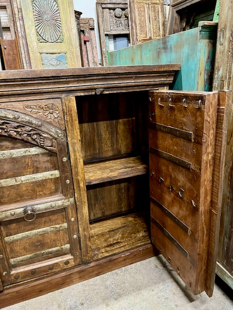 Antique Carved Sideboard Rustic Iron Strap Farmhouse Bar Credenza