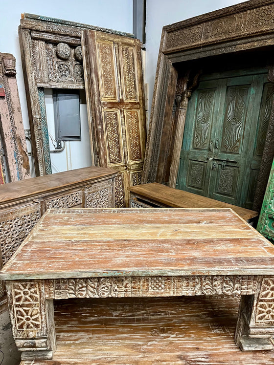 Hand-Carved Vintage Coffee Table Whitewashed Accent Chai Table