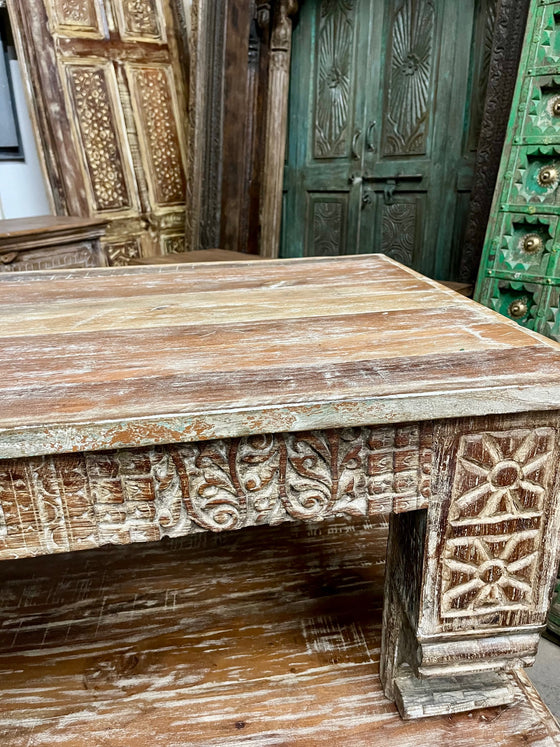 Hand-Carved Vintage Coffee Table Whitewashed Accent Chai Table