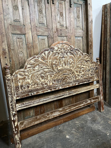  Vintage Floral Carved Wood Bed Headboard Whitewash Queen Headboard