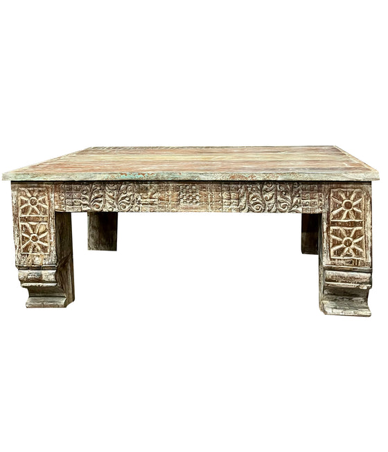 Hand-Carved Vintage Coffee Table Whitewashed Accent Chai Table