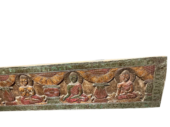 Antique Wall Sculpture Buddha Wall Art Panel Wood Carved Headboard 72x18