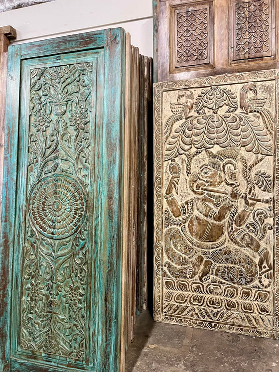 Antique Sliding Barn Doors Blue Floral Carved Wood Farmhouse Doors 80x30