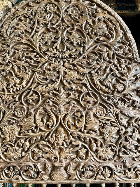 Antique Indian Carved King Headboard Intricate Floral Bed Headboard