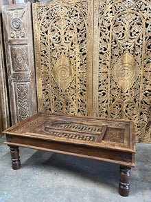  Rustic Farmhouse Coffee table Vintage Carved Brass Accents Chai Table