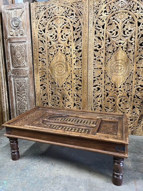 Antique Farmhouse Coffee table Vintage Carved Brass Studs Chai Table